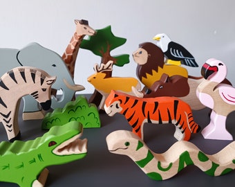 13 pcs Wooden Animals Toy Set, African Animal Figurine ,  Handmade Wooden Toys ,  Baby Toys , Waldorf Animals , Montessori Toys