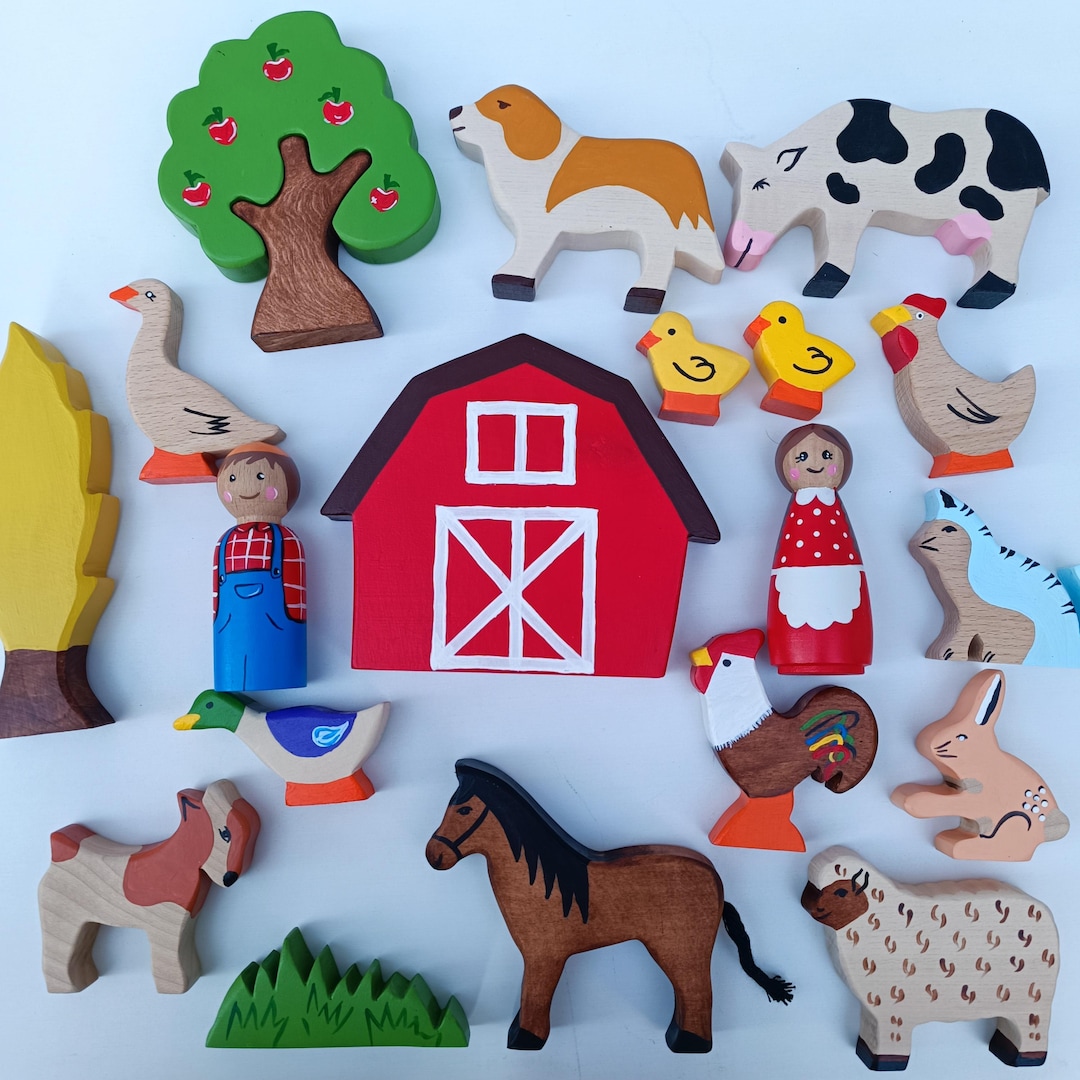Juego de figuras de animales de granja de madera natural, juego de juguetes  de granja hechos a mano, artículos educativos Montessori Waldorf, mascotas 