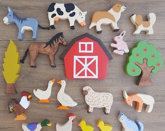 Juego de figuras de animales de granja de madera Natural, juego de juguetes de granja hechos a mano, artículos educativos Montessori Waldorf, mascotas de madera hechas a mano