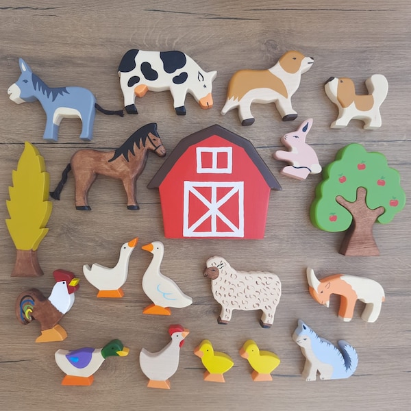 Natural Wooden Farm Animals Figures Set ,Handmade farm toys Set,Montessori Waldorf Education Goods,Handmade wooden pets