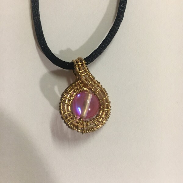 Mini Wire Wrapped Pendant with Iridescent Glass Bead Wrapped in Gold-Color Copper Wire