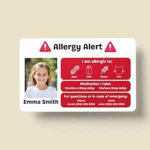 Allergieausweis für Kinder, vollständig anpassbar, Sicherheit für Kinder im Notfall, langlebiger Kunststoff, Warnung vor Allergien