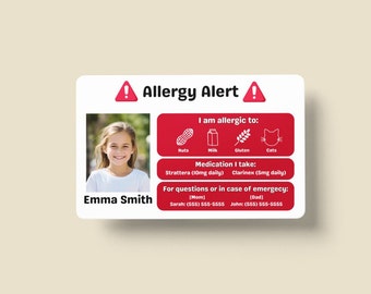 Allergy ID Cards for Kids, Fully Customizable, Children&#39;s Safety In Case of Emergency, Durable Plastic, Alert of Allergies