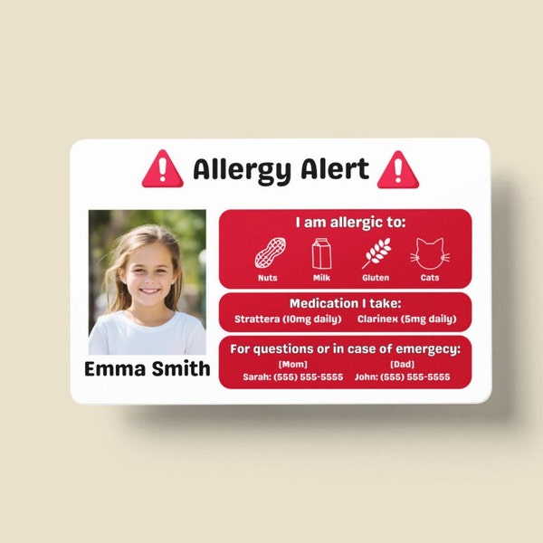 Allergy ID Cards for Kids, Fully Customizable, Children's Safety In Case of Emergency, Durable Plastic, Alert of Allergies