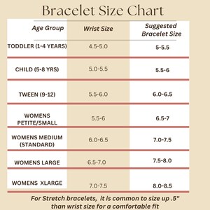May include: A bracelet size chart with age groups, wrist sizes in inches, and suggested bracelet sizes. Categories include toddler, child, tween, and women's sizes, from petite/small to xlarge. The chart is on a beige background.