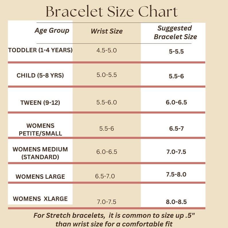 May include: A bracelet size chart with age groups, wrist sizes in inches, and suggested bracelet sizes. Categories include toddler, child, tween, and women's sizes, from petite/small to xlarge. The chart is on a beige background.