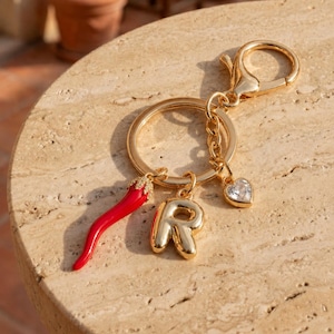 Italian Horn Keychain Personalized Initial Red Lucky Bag Charm Protection Holiday Gift for Women Good Luck Jewelry Stocking Stuffer Teen