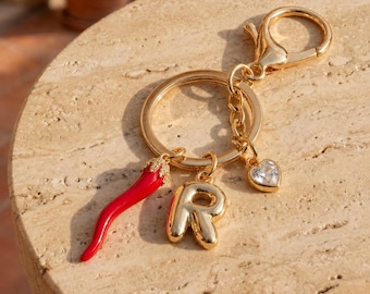 Italian Horn Keychain Personalized Initial Red Lucky Bag Charm Protection Holiday Gift for Women Good Luck Jewelry Stocking Stuffer Teen