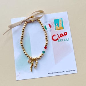 Italian Horn Luck Bracelet Cornicello Charm Bead Bracelet Italian Flag Colors Gift Food Lover Cannoli Charm Souvenir Travel Keepsake Jewelry