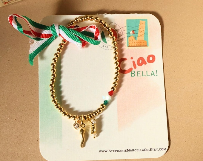 Italian Horn Luck Bracelet Cornicello Charm Bead Bracelet Italian Flag Colors Gift Food Lover Cannoli Charm Souvenir Travel Keepsake Jewelry