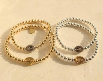 Miraculous Medal Bracelet Gold Silver Beaded Stretch Catholic Jewelry Gift for Her Faith Protection Religious Birthday Gift for Mom