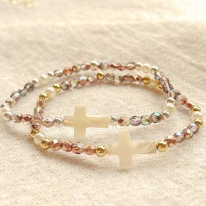Cross Bracelet Cross Bead Stretch Bracelet Pearl Cross Dainty Silver Gold Bead Christian Bracelet Religious Gifts for Friends Catholic Gifts