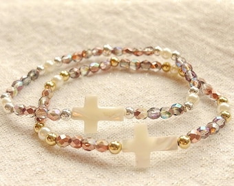 Cross Bracelet Cross Bead Stretch Bracelet Pearl Cross Dainty Silver Gold Bead Christian Bracelet Religious Gifts for Friends Catholic Gifts