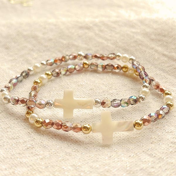 Cross Bracelet Cross Bead Stretch Bracelet Pearl Cross Dainty Silver Gold Bead Christian Bracelet Religious Gifts for Friends Catholic Gifts