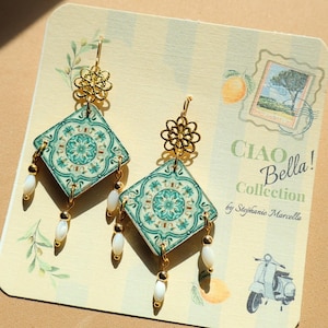 Sicilian Tile Earrings Green Majolica Dangle Earrings Italian Boho Jewelry Mediterranean Style Gift for Her Vacation Outfit Accessories