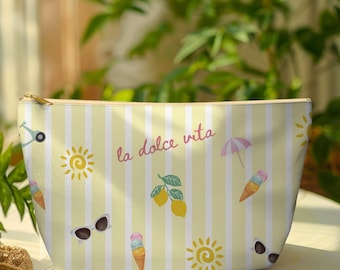 La Dolce Vita Makeup Bag Lemon Stripe Travel Pouch Summer Zipper Toiletry Bag Gift for Her Amalfi Inspired Cosmetic Organizer Italy Vibe