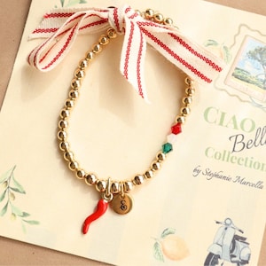 Italian Horn Bracelet Red Corno Protection Charm Personalized Initial Jewelry Gift for Her Birthday Lucky Token Travel Italy Inspired Style
