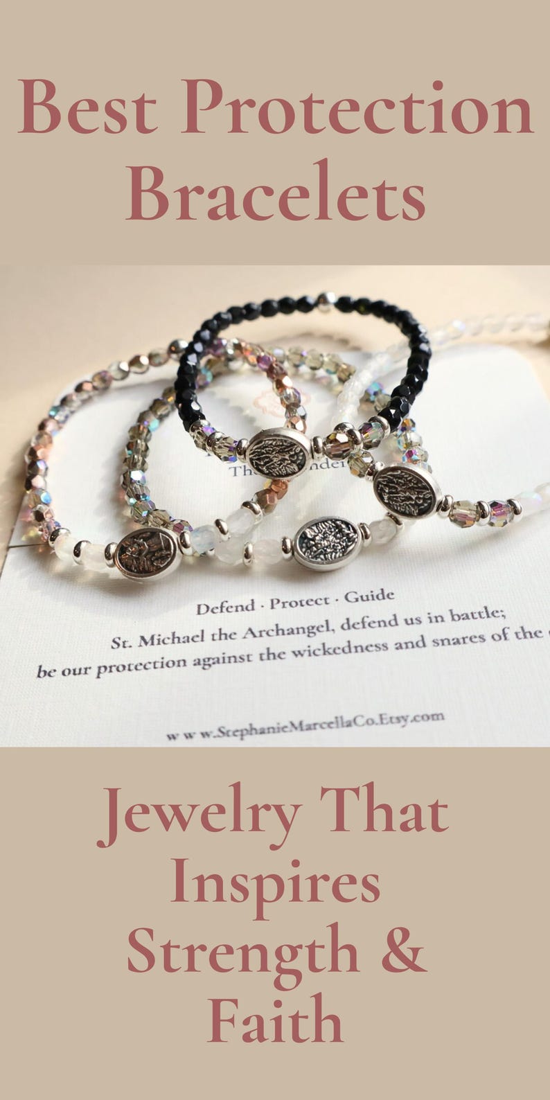 May include: Three beaded bracelets with oval charms are displayed. The bracelets are black, white, and iridescent. Text on the image reads "Best Protection Bracelets" and "Jewelry That Inspires Strength & Faith."