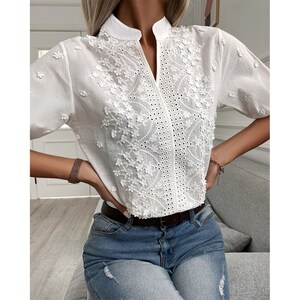 Chic Solid Hollow-out V Neck Lace Blouse Floral Patterns Embroidery ...