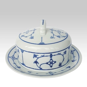Burriera rotonda con coperchio "Blau Saks" vintage con motivo a fiori di paglia in blu