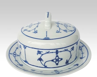 Mantequera redonda con tapa vintage &#39;Blau Saks&#39; con estampado de flores de paja en azul