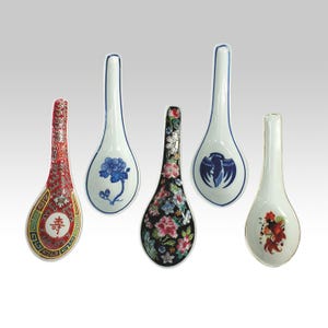 Vintage Chinese porcelain soup spoons in different colors and design