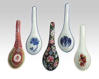 Vintage Chinese porcelain soup spoons in different colors and design