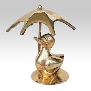 Vintage brass duck figurine with umbrella, Collectible Retro Figurine, Nursery Decor, Home decor