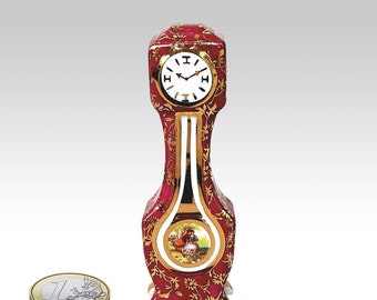 Vintage miniature grandfather clock in burgundy red and gold from Limoges