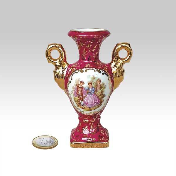 Collectable vintage French small vase, Limoges porcelain decorative miniature vase, Fragonard, Vase in Burgundy Red and Gold,