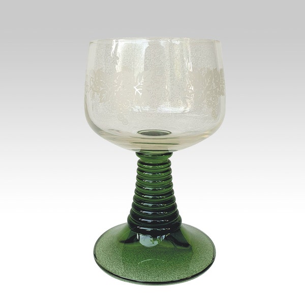 Vintage large wine glasses with bunches of grapes and Green ribbed stem