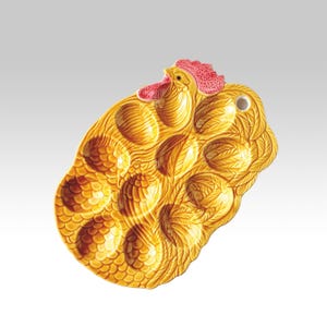 Plat jaune vintage à œufs de poule, 12 porte-œufs à la diable en céramique