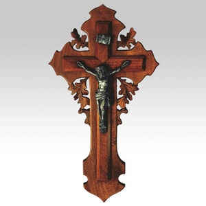 Antikes handgemachtes Wandkruzifix aus Holz mit bronzenem Fronleichnam Christi im Art Deco-Stil, hergestellt in Frankreich