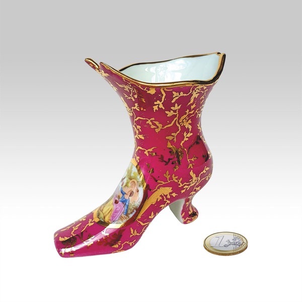 Vintage Porcelain miniature Limoges, small vase-Boot, Fragonard, Vase in Burgundy Red and Gold,