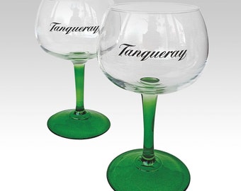 Set of two vintage large 'Tanqueray' glasses goblet with emerald green stem