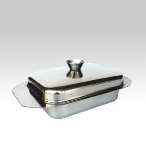 Elegante rechthoekige roestvrijstalen botervloot uit het midden van de eeuw – vintage servies uit de jaren 80
