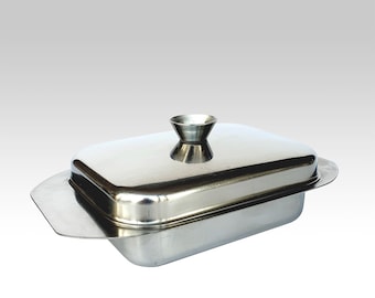 Elegante mantequera rectangular de acero inoxidable de mediados de siglo – Vajilla vintage de los años 80