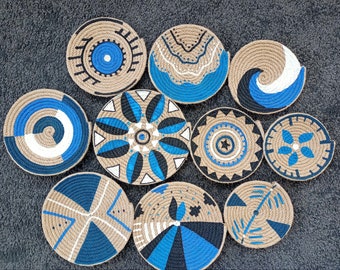 Juego de cestas de pared, decoración de pared con cestas, juego de 10 cestas de pared, decoración de pared bohemia, cesta de pared bohemia, juego de cestas de pared azules, juego de 10 cestas de pared con cuerda