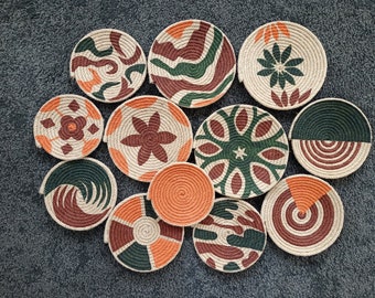 Juego de 12 cestas de pared bohemias, juego de 12 cestas de pared, cesta de pared, juego de cuerda de pared, decoración de pared bohemia, cuenco redondo de pared, arte de pared, decoración de pared bohemia