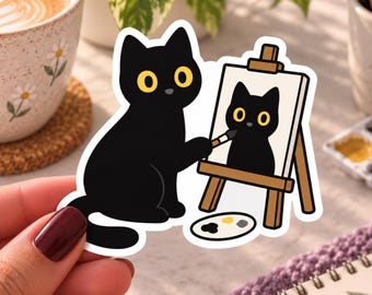 Black Cat Painting a Self Portrait Animal Sticker Waterproof Vinyl Artist Cat Art Lover Gift