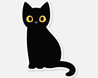 May include: A die-cut sticker featuring a solid black cat in a sitting position. The cat has large, round, bright yellow eyes and a small gray nose. The entire illustration is outlined with a thick white border, creating a clean, bold graphic.