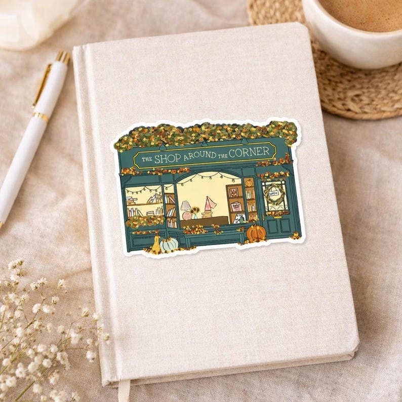 Shop Around the Corner Fall Bookstore Sticker, Autumn Leaves, Cozy ...