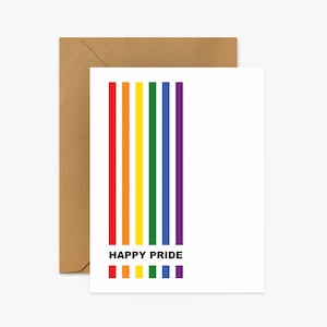May include: A white card with a rainbow of vertical stripes and the text "HAPPY PRIDE" in black. Below the text are small squares in the colors of the rainbow.