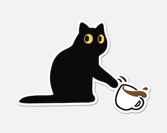 May include: A sticker featuring a solid black cat with large yellow eyes sitting and reaching out a paw toward a white coffee mug that is tipped over, causing brown liquid to spill out from the cup onto the surface below the cat.