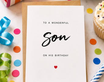 Birthday Card for Son – Hand-Lettered Minimalist Design, Heart Accent, Kraft Envelope
