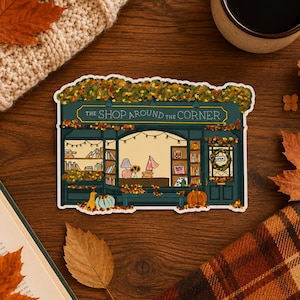 Shop Around the Corner Fall Bookstore Sticker, Autumn Leaves, Cozy Scene