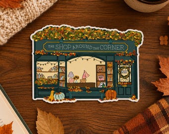 Shop Around the Corner Fall Bookstore Sticker, Autumn Leaves, Cozy Scene