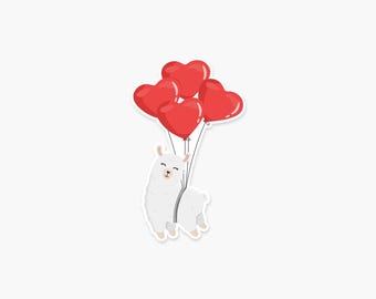 Llama with red heart shaped balloons 3.25 x 2 in - Valentine's Day Sticker