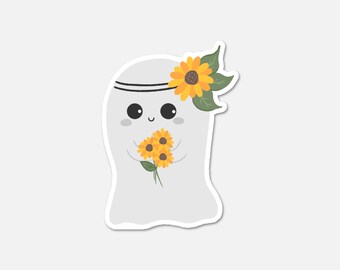 Ghost Holding Sunflowers – Floral Sticker