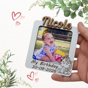 Original Baptism Gift, Magnet Photo Frame with children&#39;s drawing. Personalized Guests Detail, Embossed Name. Wooden frame.Baby Shower